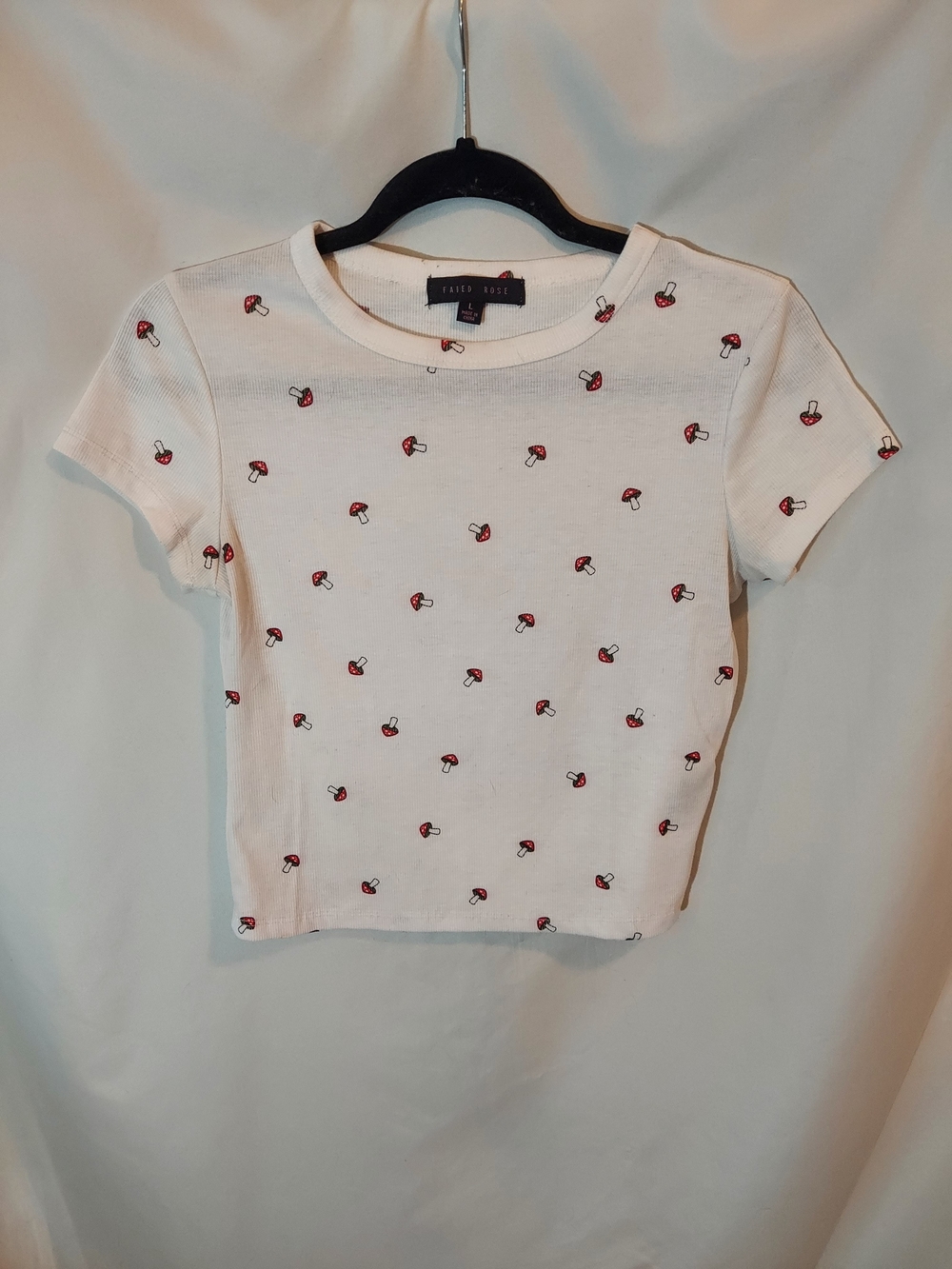 Faded Rose White Ribbed Mushroom Print Crop Top Baby Tee L